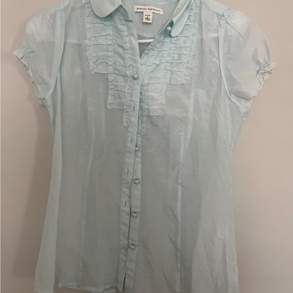 Banana Republic Light Blue Women's Top small petite silk cotton ruffles